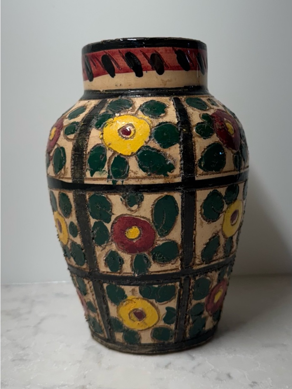Hand-Painted Italian Floral Ceramic Vase in Yellow, Green & Red